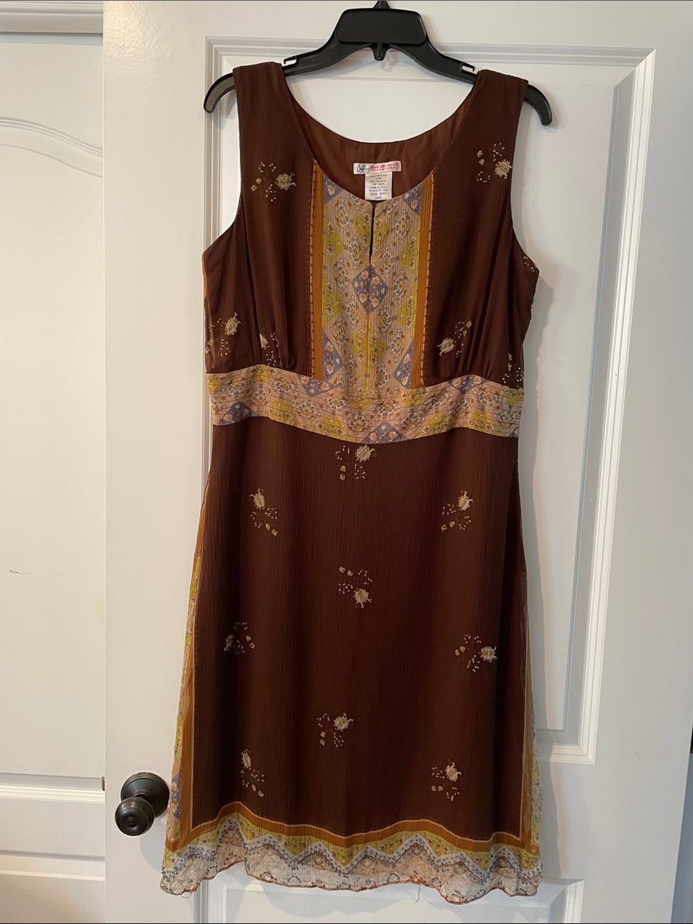 Sleeveless Brown Boho Midi Dress with Yellow Accents 100% silk